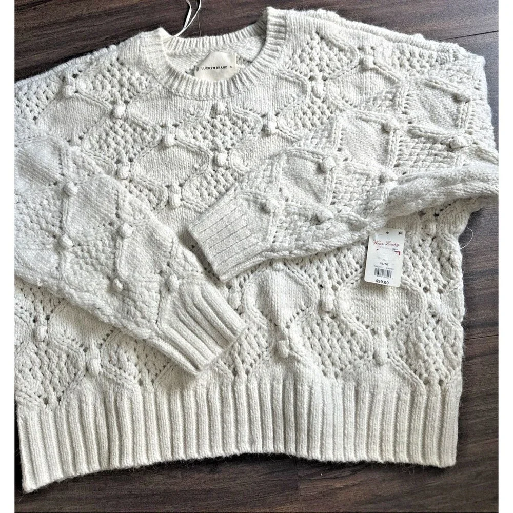 Lucky Brand Women's Open Stitch Pullover Sweater Top Whisper Off White XL